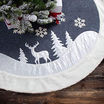 7Felicity Christmas Tree Skirt 48 inches, Fur Rustic White Xmas Tree Skirt,Snowy Christmas Trees Mat Decorations Indoors,Deer and Snowflake Pattern (White Deer)