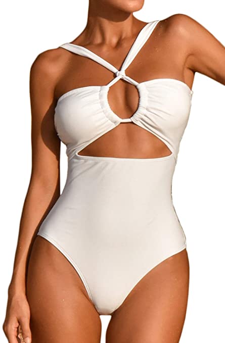 LEISUP Sexy Womens Bandeau Tie Back Cut Out Front High Waist Cheeky Bottom One Piece Swimsuit
