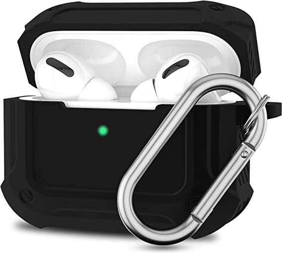 ATUAT Case Designed for AirPods Pro, Full-Body Protective Cover, Bumper Absorbs Shock, Anti-Fall, Anti-Scratch, Durable Silicone Case with Metal Carabiner, Matte Black
