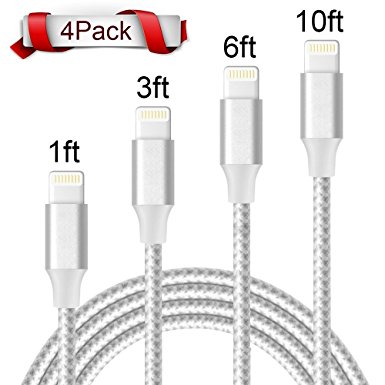 Lightning Cable,XUZOU iPhone Charger 4Pack 1FT 3FT 6FT 10FT to USB Syncing and Charging Cable Data Nylon Braided Cord Charger for iPhone 7/7 Plus/6/6 Plus/6s/6s Plus/5/5s/5c/SE and more(Silver&BWhite)