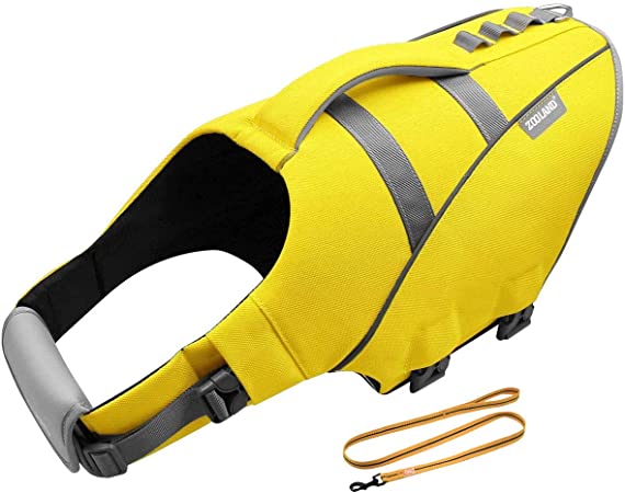 Safety Dog Life Jacket, Floatation Pet Swim Life Vest with Dogs Leash, Reflective & Adjustable Pets Float Coat for Swimming