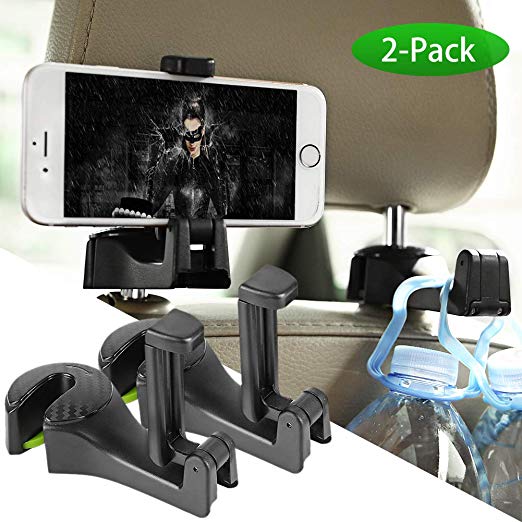 Car Seat Back Hooks with Phone Holder,Car Hooks,3-in-1 Universal Vehicle Car Headrest Hooks Hanger with Lock and Phone Bracket for Holding Phones and Hanging Bag, Grocery (Black)