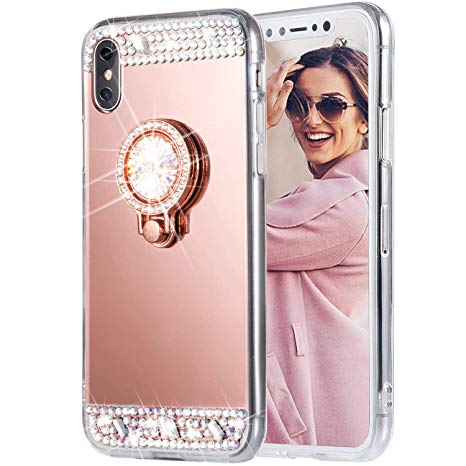 Caka iPhone Xs Max Case, iPhone Xs Max Glitter Case Mirror Series Bling Luxury Shiny Cute Mirror Makeup Crystal Protective TPU Case for Girls with Ring Kickstand for iPhone Xs Max (Rose Gold)