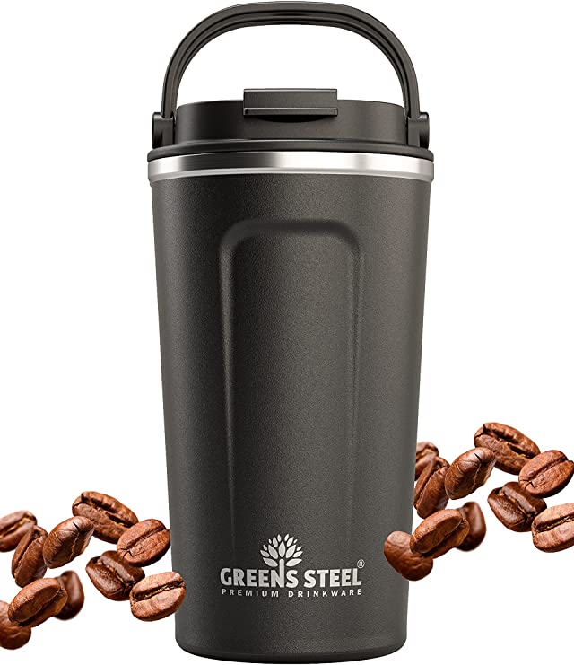 Reusable Coffee Cup with Lid and Handle - Stainless Steel Insulated Coffee Mug for Hot & Cold Drinks - Ideal Travel Mugs - 100% Leak-Proof Tumbler - 16 oz, Black