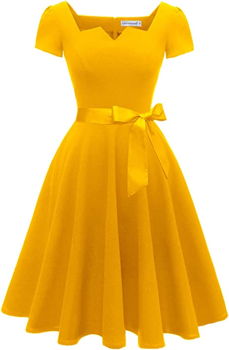Girstunm Women's Classic Tea Dress Short Sleeve Swing Cocktail Party Dresses with Pockets Gold M