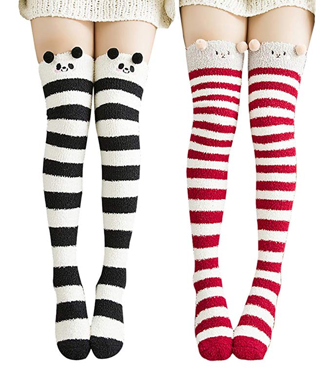 Urban CoCo Women's Cartoon Fuzzy Socks Winter Warm Over Knee High Socks