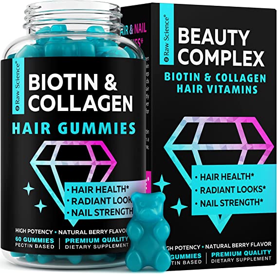 S RAW SCIENCE Hair Growth Vitamins for Women & Men – Biotin, Collagen, B7 Vitamins Gummies – Hair, Nails, and Skin Vitamins – Hair Growth Supplement for Thicker, Stronger, Hair – 60 Gummy Bears