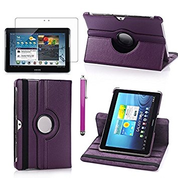 Perfect Technology(TM)360 Rotating Case Cover PU Folio Leather Stand Case For Samsung Galaxy Tab 2 10.1 P5100 P7510 Auto Sleep/Wake Tablet With Screen Protector and Stylus(purple)
