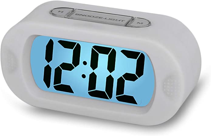Digital Alarm Clock - Plumeet Travel Clock with Snooze and Nightlight - Easy to Set Simple Bedside Alarm Clocks for Kids - Ascending Sound - Battery Powered (White)