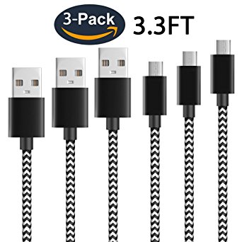 Micro USB Cable, 3-Pack Nylon Braided High Speed 2.0 USB to Micro USB Charging Cables Android Fast Charger Cord for Samsung Galaxy S7 Edge/S6/S5/S4,Note 5/4,LG,Nexus and More (3.3FT - White Black)