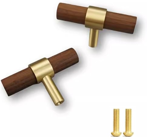 Walnut Dresser Knobs,2-Pack, Knobs for Dresser Drawers 2.36" Length Knobs for Drawers Dark Brown Single Hole Luxury Material with Brass Base Wood Dresser Knobs