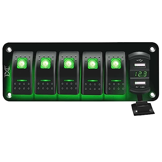 FXC 12V 24V DC 5 Gang Rocker Switch Aluminum Panel with Voltmeter & Dual USB(4.8 A) Fast Charging, Green Backlit Led, Pre-Wired Waterproof for Marine, Boat, Car, Truck, Polaris, Jeep (Green)