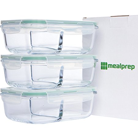 2-Compartment Glass Meal Prep Container Set with Snap Locking Lid, BPA-Free, Airtight, Leakproof, Microwave, Oven, Freezer, Dishwasher Safe (40 Oz, Rectangle)