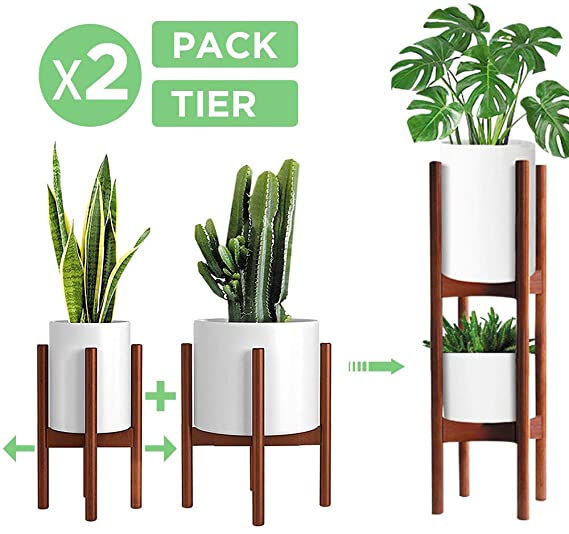 MUDEELA 2 Pack Indoor Plant Stands, 2 Tier Tall (76cm) Mid Century Modern Wood Plant Stand, Adjustable Width 20cm to 30cm(Pot & Plant Not Included), Brown