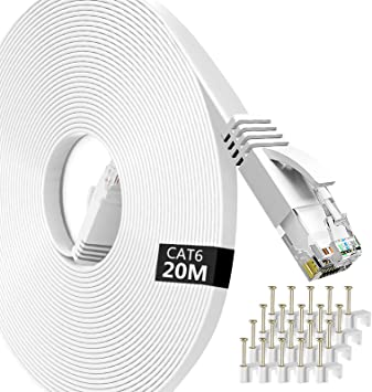 Jazzy 20m Cat6 Ethernet Cable,Cat6 Gigabit Lan Network RJ45 High-Speed Patch Cord Flat Design 1Gbps for 250Mhz/s UTP for Console, PS3, PS4, PS5, Switch, Router, Modem, Patch Panel, PC