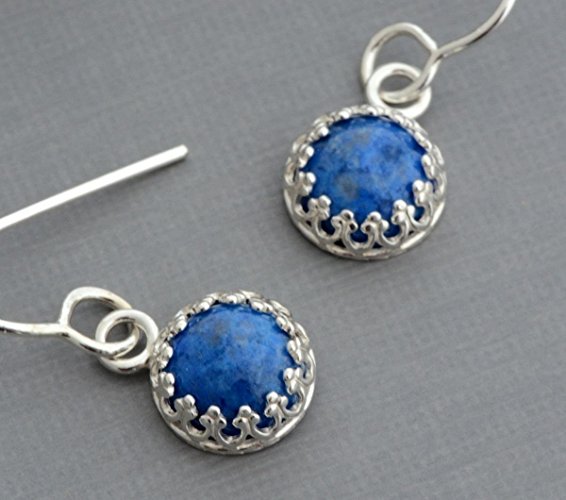 Small denim blue lapis dangle earrings, sterling silver genuine natural stone filigree earrings, hypoallergenic nickel free