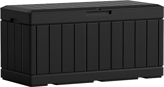 Flamaker Outdoor Storage Box 85 Gallon Resin Waterproof Deck Box with Wood Texture Large Storage Bin for Patio Cushions, Toys, Pool Accessories (85 Gallon, Black)