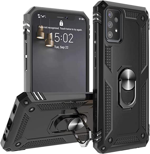 Case for Samsung Galaxy A52 Case Case Clear with Stand Kickstand Ring Slim Heavy Duty Defender Armor Military Grade Silicone Phone Cover for Samsung A52 Case Black