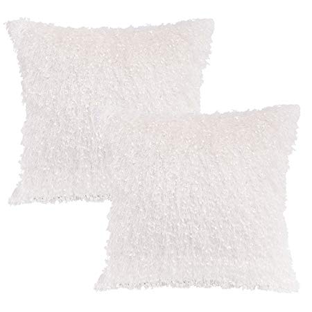 Kevin Textile Luxurious Solid Shiny Tassels Plush Velvet Decorative Throw Pillow Covers Cushion Cover, 2 Packs, 18x18inch, Snow White