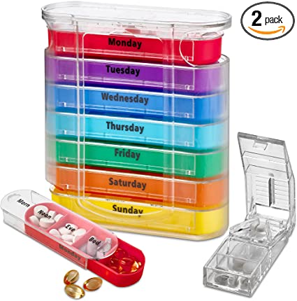 Weekly Pill Organizer with Pill Cutter - V-Grip Pill Splitter Stackable Pill Medicine, Vitamin Organizer with 4 Times-a-Day Daily Compartments, Pill Reminder with Stackable AM/PM Boxes