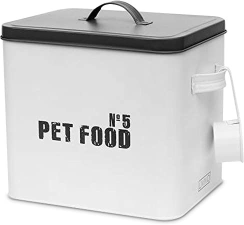 LIVIVO Enamel Coated Pet Food Metal Storage Tin Box with Measuring Scoop & Airtight Lid – Ideal for Keeping Dog Biscuits, Dry Cat Food, Bird Seed/Trill, Grains - White & Grey