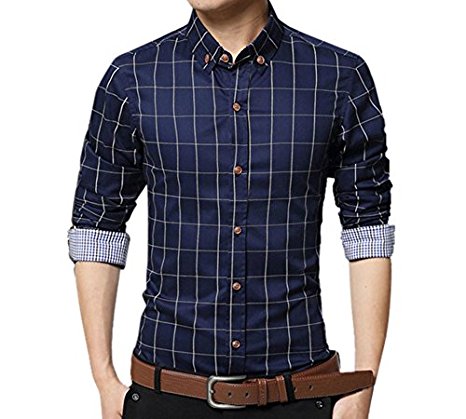 Zicac Mens Mercerized Slim Fit Long Sleeve Pure Cotton Plaid Shirt Business Checked Casual Dress Turn-down Collar Button Down Suit British Stylish