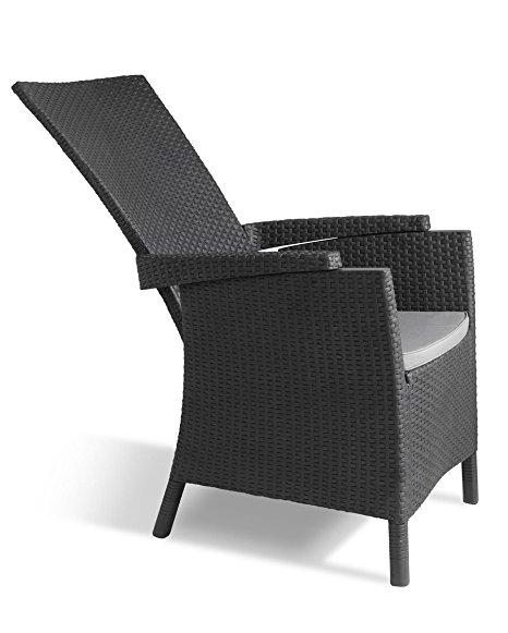 Keter Vermont Rattan Reclining Chair Outdoor Garden Furniture - Graphite with Grey Cushions