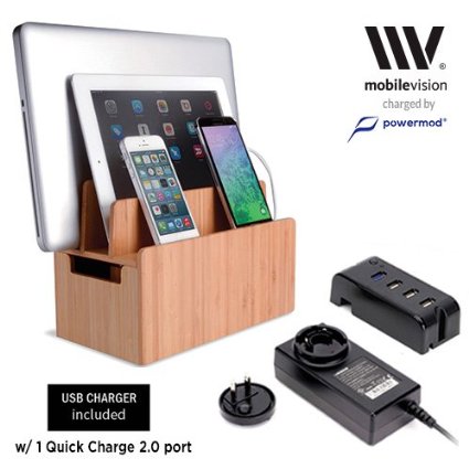Bamboo Universal Multi Device Cord Organizer Stand and Charging Station for Smartphones Tablets and Laptops INCLUDES 4-USB port Charging Strip and Power Supply