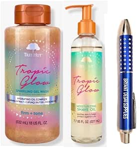 Tree Hut Bare Tropic Glow Moisturizing Shave Oil,7.7 FLOz And Tree Hut Tropic Glow Sparkling Gel Wash, Packaged with BRYANT DESAI SUPPLIES PEN, Pack of 1, 2.0 Count