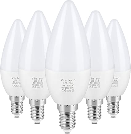 Vicloon E14 LED Candle Bulbs, 5 Pcs 5.5W C37 E14 LED Bulbs, 40W Incandescent Bulb Equivalent, Warm White 3000K, 500LM, C37 SES Small Screw LED Bulbs, No Dimmable [Energy Class A ]