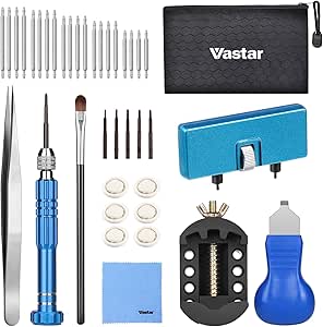 Vastar Kit Demontage Changement Pile Montre, Kit Reparation, Ouvre boitier Montre, Tournevis 5 en 1, Support de Montre, 20 Barres à Ressort, Pince à épiler, Brosse à Poussière