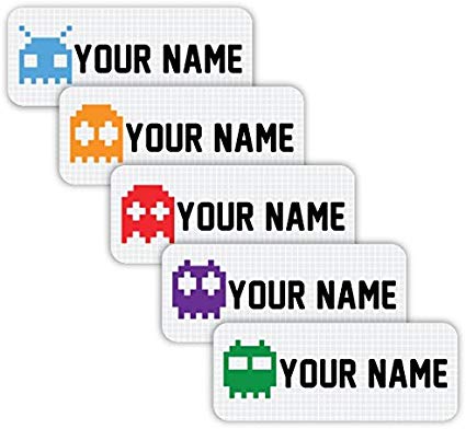 Original Personalized Peel and Stick Waterproof Custom Name Tag Labels for Adults, Kids, Toddlers, and Babies – Use for Office, School, or Daycare (Arcade Theme)