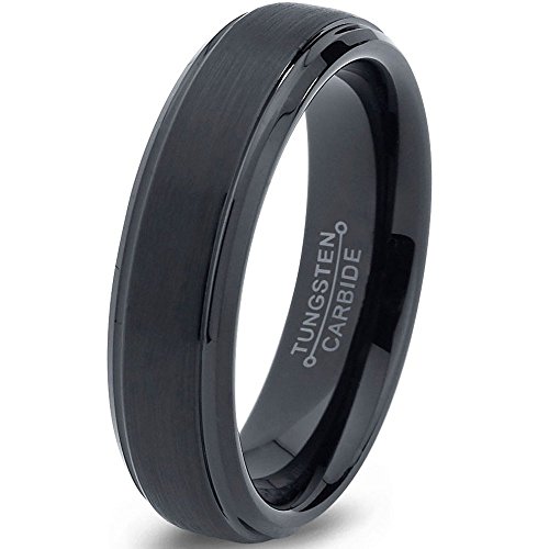 Tungsten Wedding Band Ring 6mm for Men Women Comfort Fit Black Beveled Edge Brushed FREE Custom Laser Engraving Lifetime Guarantee