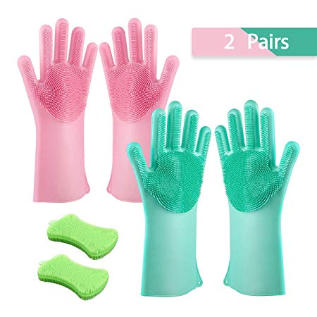 2 Pairs Magic Silicon Cleaning Scrubber Gloves Set with 2 Pack Sponge for Kitchen, Dishwashing, Car Washing, Pet Massage | Heat Resistant Brush Gloves Bundles