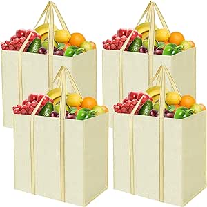 BALEINE 4 PK Grocery Bags Reusable Shopping Bags with Reinforced Bottom, Heavy Duty Foldable Tote Bags (Beige)