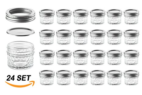 Nellam Quilted Glass Jars with Lids - 4 OZ Wide Mouth Crystal Jelly Glasses, Set of 24 Silver, for Canning, Preserving Food - each Mini Mason Jar is Freezer, Microwave, and Oven Proof