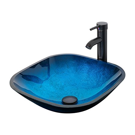 Eclife Ocean Blue Square Bathroom Sink Artistic Tempered Glass Vessel Sink Combo with Oil Rubber Bronze Faucet and Pop up drain Bathroom Bowl A04
