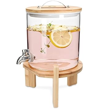 Navaris Beverage Dispenser with Stand - 1.3 Gallon (5L) Glass Drink Dispenser with Spigot, Lid, Wood Stand for Hot or Cold Drinks, Ice Water, Parties