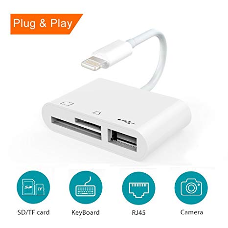 SD Card Reader, Digital Camera Reader Adapter Cable, Lightning to USB Camera Adapter, SD/TF Card Reader, Trail Game Camera Viewer for iPhone/iPad, No App Required