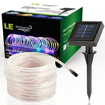 LE® 33ft 100 LED Solar Rope Lights, Waterproof Outdoor Rope Lights, Red/Green/Blue/Warm White, Portable LED String Light with Light Sensor, for Wedding, Party, Decorations, Gardens, Lawn, Patio