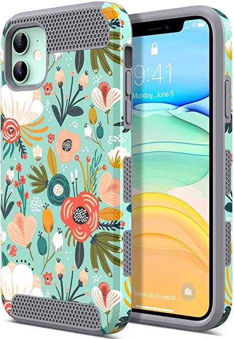 ULAK iPhone 11 Case, Slim Stylish Designed Shockproof Protective Hybrid Scratch Resistant Hard Back Cover Shock Absorbent TPU Bumper Case for Apple iPhone 11 6.1 inch (2019),Mint Floral