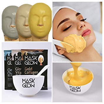 Premium Modeling Peel-Off Mask"Rubber Mask" Spa Set- 3 Treatments (Gold Collagen, Glow Vita C, Clear Charcoal)   Bowl and Spatula, Made In Korea