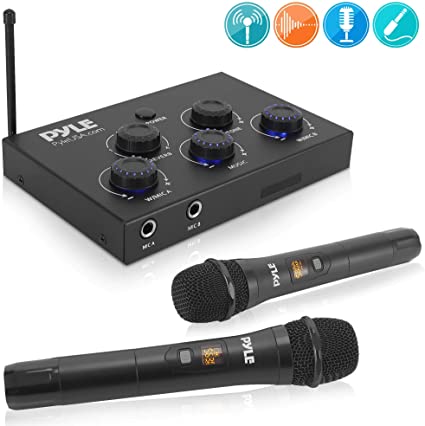 Pyle Portable Home Theater Karaoke Microphone Mixer System Complete Set w/Dual UHF Wireless Mic, HDMI & AUX, Audio Play via Device Speaker & Works with TV, Receiver, Amplifier, Speaker - PDWMKHRD22WM