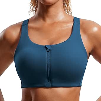 CRZ YOGA Womens Zip Front High Impact Sports Bra - Molded Cup Wireless Workout Yoga Bra with Adjustable Convertible Straps