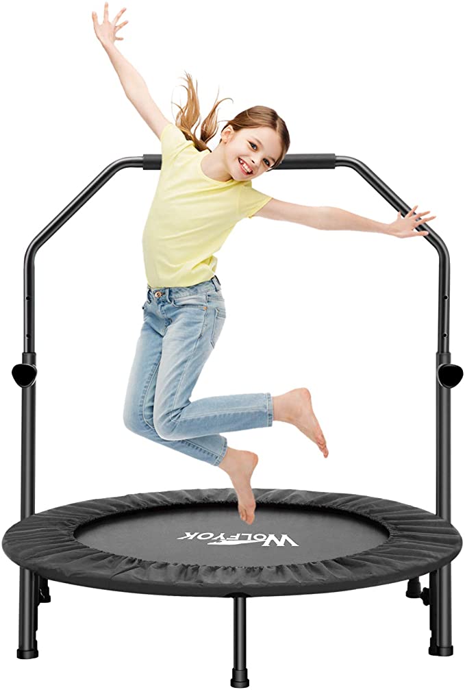 Wolfyok 38 Inch Foldable Mini Trampoline with Adjustable Handle and Safety Pad, Fitness Rebounder Trampoline for Kids Adults Indoor Outdoor Jumping Exercise Workout, Stable Quiet, Max 250 Lbs (Black)