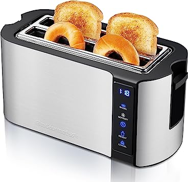 Elite Gourmet ECT5322 Long Slot 4 Slice Toaster, Countdown Timer, Bagel Function, 6 Toast Setting, Defrost, Cancel Function, Built-in Warming Rack, Extra Wide Slots for Bagels Waffles, Stainless Steel