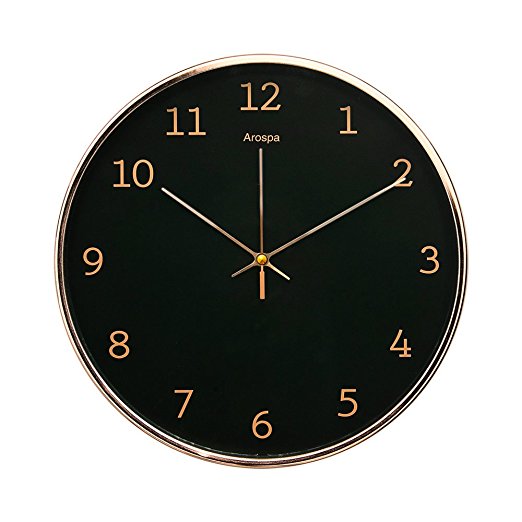 Luxury Modern 12” Silent Non-Ticking Wall Clock with Rose Gold Frame (Broadway Black)