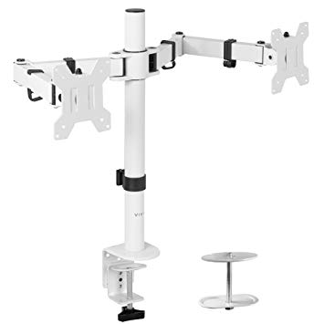 VIVO White Dual 13 to 27 inch LCD LED Monitor Desk Mount Stand with C-clamp and Bolt-Through Grommet | Heavy Duty Fully Adjustable Arms for 2 Screens (STAND-V002W)