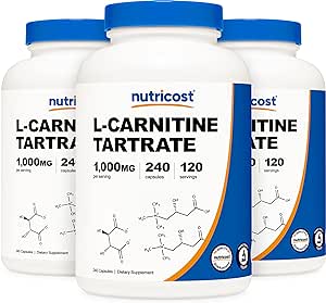 Nutricost L-Carnitine Tartrate 500mg, 240 Capsules - 1000mg Per Serving (3 Bottles)