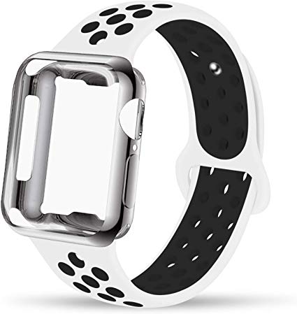 INTENY Compatible for Apple Watch Band 38mm with TPU Case, Soft Silicone Sport Wristband with Apple Watch Screen Protector Compatible for iWatch Series 1/2 / 3/4 / 5, 38mm S/M, White Black